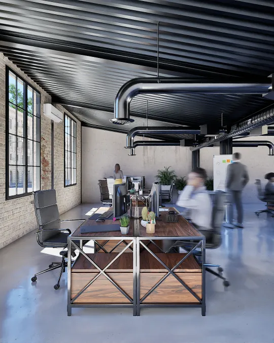 Perspective 3D de bureaux en open space, style industriel