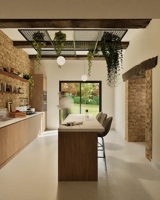 Perspective 3D d’une cuisine avec îlot central et murs en pierre