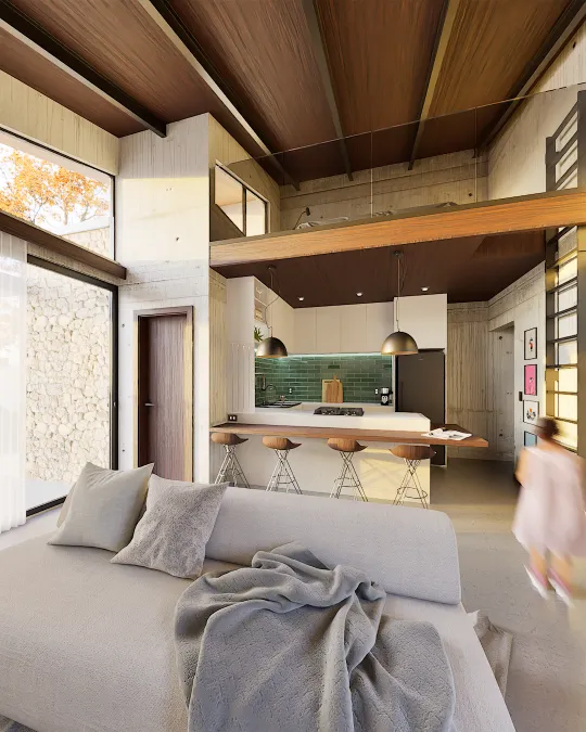 Perspective 3D d’un loft avec séjour et cuisine ouverte