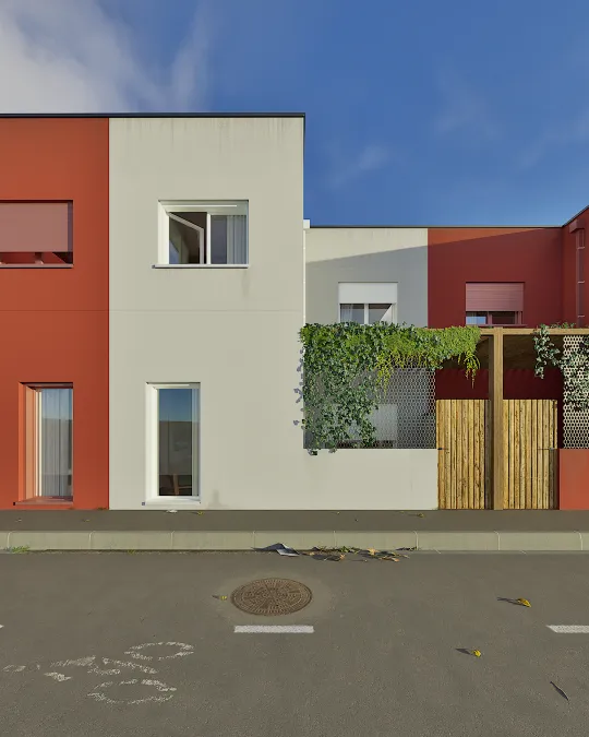 Perspective 3D de logements collectifs, façade sur rue aux enduits colorés