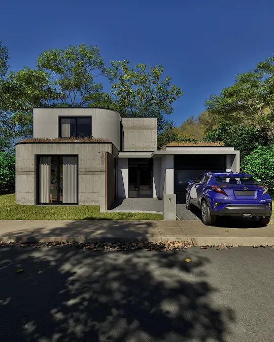 Perspective 3D d’une maison individuelle contemporaine avec garage